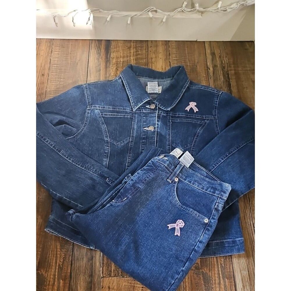 French Dressing FDJ Women’s Denim Jacket And Matching Jeans Pink Ribbon Accent